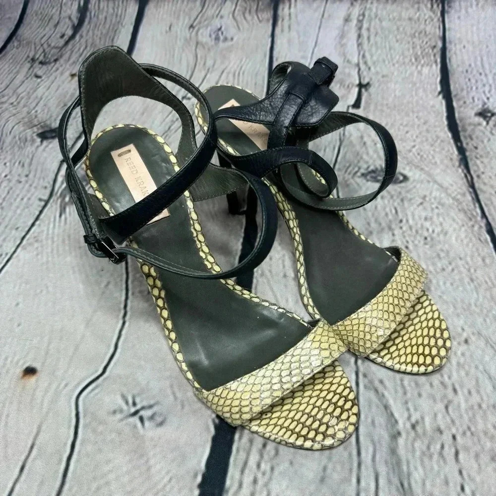 Reed Krakoff Women’s Ankle Harness Tan Snakeskin Stiletto Heel Sandals size 5.5